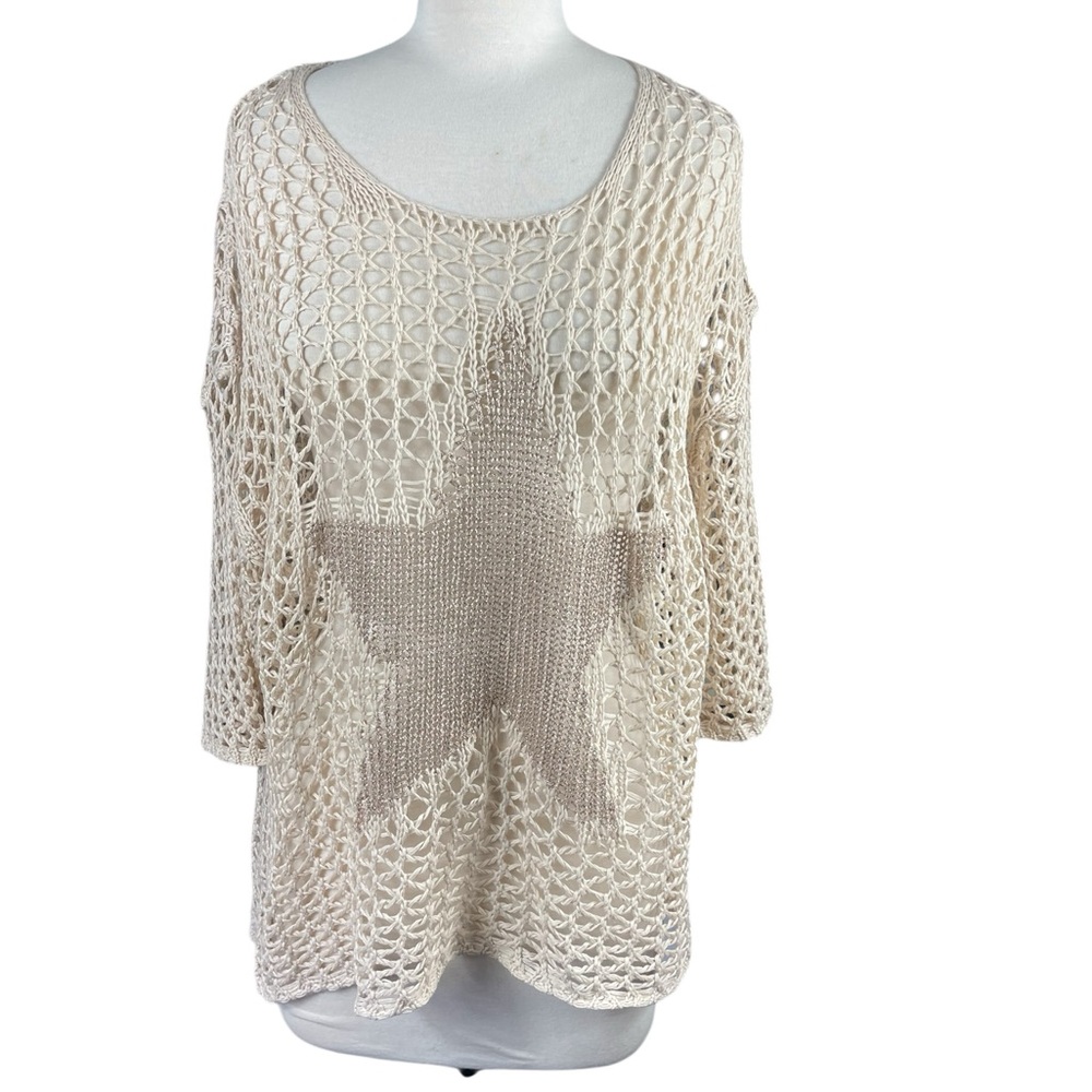 Elegant Beige Crocheted Star Design Sweater, Size Large - NWT‎